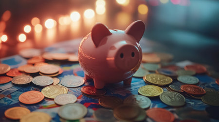 A cute piggy bank sits atop a vibrant pile of coins and currency, symbolizing savings and financial growth. Perfect for finance-related themes.の素材
