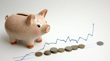 This image features a piggy bank alongside coins and a growth chart, symbolizing savings and financial growth. Ideal for finance and budgeting themes.の素材