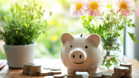 A cheerful piggy bank surrounded by coins and blooming flowers symbolizes savings, growth, and financial planning in a bright and inviting setting.の素材