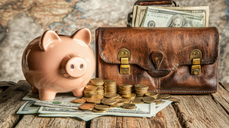A classic piggy bank, coins, cash, and a leather wallet showcase the essential elements of savings and investment in personal finance. Ideal for financial education.の素材