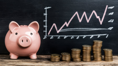 A piggy bank sits beside a stack of coins and a growth chart. This image symbolizes savings, financial planning, and the journey toward wealth accumulation.の素材