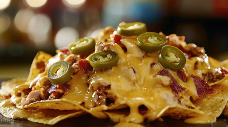 A tempting platter of nachos drizzled with melted cheese and topped with fresh jalapeの素材