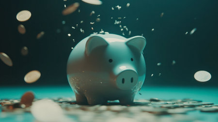A piggy bank stands amidst a shower of coins, symbolizing savings and financial growth. The soft lighting enhances the emotional appeal of money management.の素材