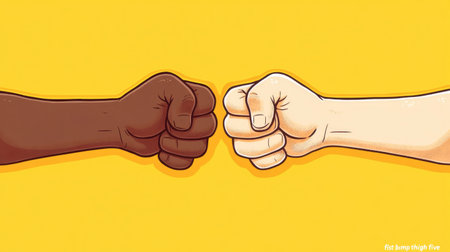 This vibrant illustration showcases a fist bump between diverse hands, symbolizing unity, friendship, and mutual respect across cultures and communities.の素材