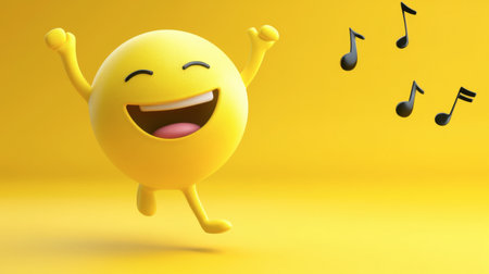 A vibrant yellow background features a joyful smiley emoticon dancing with music notes, embodying fun, happiness, and an upbeat mood. Perfect for highlighting positivity.の素材