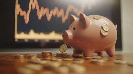 A piggy bank surrounded by coins symbolizes savings and investment. Behind it, a finance graph illustrates growth, making it ideal for finance-related themes.の素材