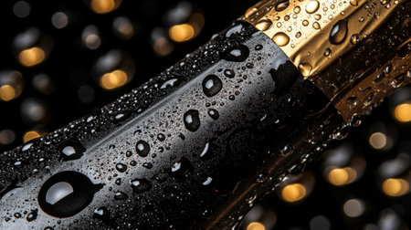A stunning close-up of an elegant champagne bottle adorned with glistening water droplets, set against a soft-focus backdrop of warm lights, perfect for celebration themes.の素材