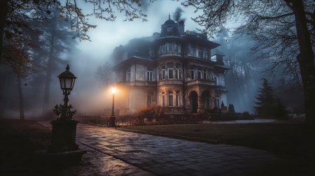 A hauntingly beautiful mansion enveloped in fog during the night. Its atmospheric charm is highlighted by a glowing streetlight and shadowy trees, creating a mysterious scene.の素材