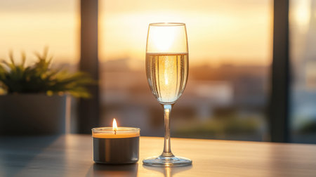 A sparkling drink in a glass beside a glowing candle, set against a warm sunset backdrop. Ideal for themes of relaxation, celebration, and elegance.の素材