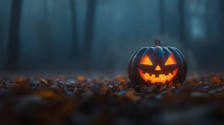 A glowing Jack-o'-Lantern sits amidst fallen autumn leaves, creating a spooky yet cheerful atmosphere perfect for Halloween celebrations in a misty forest setting.の素材