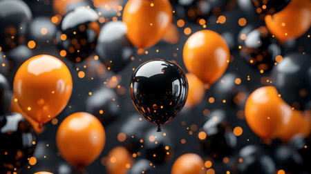A vibrant composition of black and orange balloons among floating bubbles on a dark background, perfect for festive celebrations and joyful events.の素材
