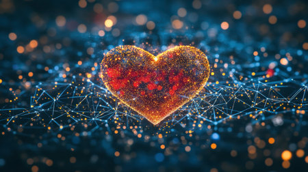 A mesmerizing image of a glittering heart surrounded by a network of lights, symbolizing love and connection in a digital realm. Perfect for various themes.の素材