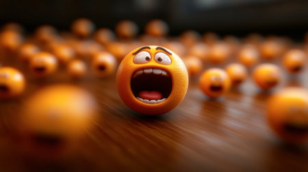 This playful cartoon orange features a surprised face, perfect for conveying joy or humor. Ideal for design, children's themes, or creative projects.の素材