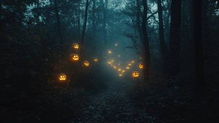 A mystical forest scene featuring glowing jack-o'-lanterns amidst fog and trees. Perfect for Halloween themes and seasonal decorations.の素材