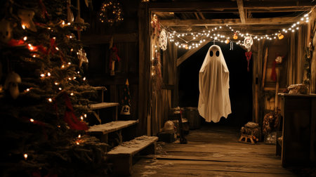 A ghostly figure draped in white adds a spooky twist to a cozy holiday scene, adorned with twinkling lights and rustic wood, perfect for festive storytelling.の素材