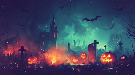 A haunting Halloween night scene featuring glowing jack-o'-lanterns, a dark castle, bats in the mist, and an eerie atmosphere perfect for seasonal celebrations.の素材