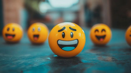 A lively collection of colorful emoji balls displaying various expressions, perfect for adding a playful touch to any setting or creative project.の素材