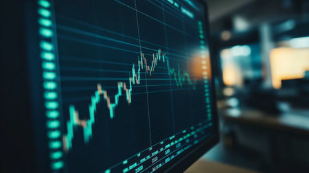 A close-up view of a computer screen displaying a stock market chart with real-time data. The elegant design showcases financial trends, metrics, and analytics for investors and traders.の素材
