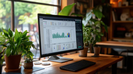 A stylish workspace featuring a computer displaying data analytics and vibrant green plants. Ideal for showcasing modern productivity and design aesthetics.の素材