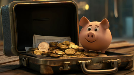 A cheerful piggy bank stands in a vintage suitcase filled with coins and cash. This playful image symbolizes savings, financial growth, and childhood innocence.の素材