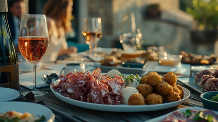 Experience a vibrant outdoor dining scene featuring an array of delicious Mediterranean appetizers, paired with fine wine for a delightful gathering.の素材