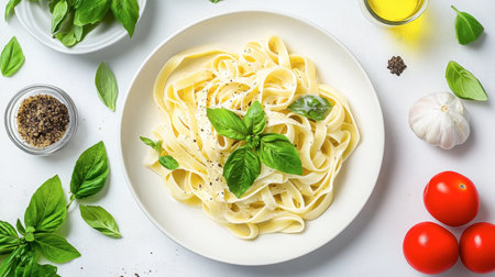 Capture the essence of Italian cooking with this vibrant plate of fresh pasta topped with basil and accompanied by ripe cherry tomatoes. A perfect dish for food lovers.の素材