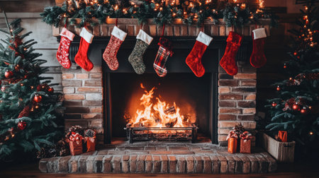 A warm and inviting Christmas scene featuring a decorated fireplace, filled with colorful stockings and twinkling lights, perfect for holiday cheer.の素材