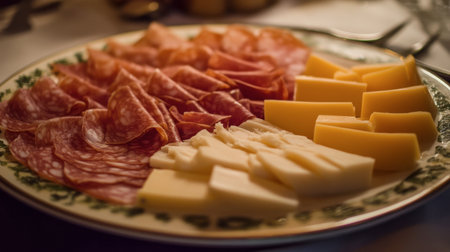 A stunning platter featuring assorted cured meats and cheeses, perfect for entertaining or casual dining. A true delight for food lovers.の素材