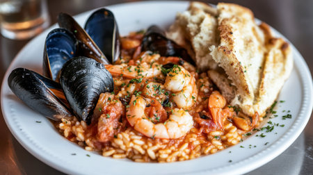 A vibrant seafood paella featuring shrimp and mussels, served with crusty bread. This dish showcases fresh ingredients and rich flavors, perfect for seafood lovers.の素材