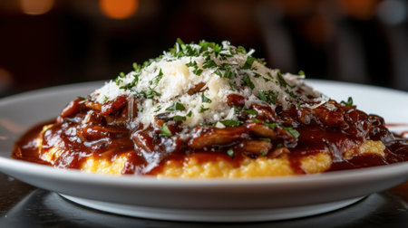 A mouthwatering dish featuring creamy polenta topped with a rich sauce and garnished with fresh herbs and cheese, perfect for any gourmet meal.の素材