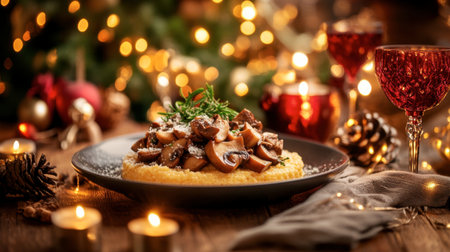 A beautifully presented mushroom dish on a rustic table, surrounded by warm holiday lights and festive decor, perfect for a cozy dinner setting.の素材