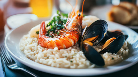 A mouthwatering plate of seafood risotto featuring succulent shrimp and mussels, garnished with fresh parsley. Perfect for seafood lovers and food enthusiasts.の素材