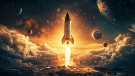 A stunning illustration of a rocket launching into space amidst a vibrant cosmic backdrop. The scene captures the essence of exploration and innovation in the universe.の素材
