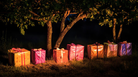 A serene night scene featuring colorful gift boxes arranged under a tree, illuminated softly, creating a warm and inviting atmosphere perfect for celebrations.の素材