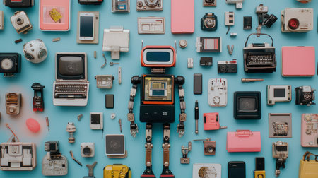 A vibrant collection of retro technology and a charming robot, beautifully arranged on a blue backdrop, showcasing nostalgia and creativity in design.の素材