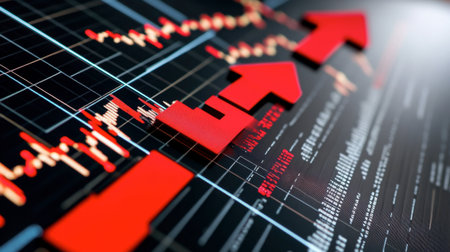 A close-up view of a financial growth chart featuring red arrows, illustrating upward trends in market data. Perfect for finance and business themes.の素材