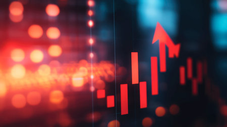 A vibrant digital representation of data with a red upward trend chart. Ideal for illustrating growth, analytics, and financial success in modern business contexts.の素材