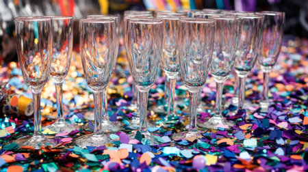 A collection of elegant sparkling glasses arranged on vibrant confetti. Perfect for celebrations, parties, and special occasions, adding a touch of joy.の素材