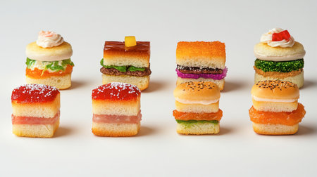 A delightful assortment of colorful mini dessert sandwiches, showcasing playful layers of cake and sweet toppings. Perfect for parties and events.の素材