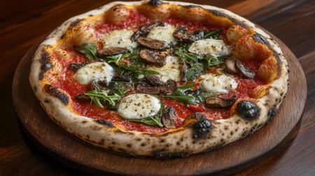 A mouthwatering pizza featuring fresh ingredients, including mushrooms, cheese, and basil, served on a wooden board. Perfect for culinary lovers.の素材