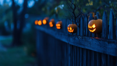 A row of illuminated Halloween pumpkins sits on a rustic wooden fence, casting a cheerful yet spooky glow at dusk, perfect for autumn celebrations.の素材