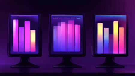 Vibrant and colorful data visualizations displayed on multiple computer monitors create a dynamic and modern workspace atmosphere for analysis.の素材