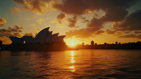 Beautiful sunset over the Sydney Opera House, highlighting its iconic architecture against a colorful sky, perfect for travel and tourism themes.の素材