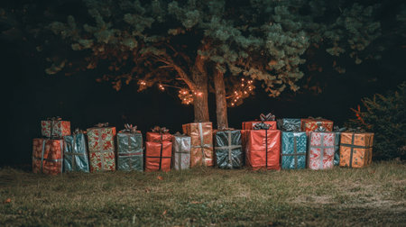 A beautiful display of colorful gift boxes arranged under a tree, illuminated by soft lights, creating a joyful holiday atmosphere perfect for celebrations.の素材