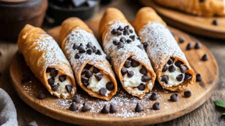 Enjoy a delicious plate of crispy cannoli filled with sweet cream and chocolate chips, dusted with powdered sugar for a delightful dessert experience.の素材