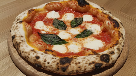 A freshly baked margherita pizza topped with mozzarella, fresh basil, and rich tomato sauce, served on a rustic wooden platter, perfect for any meal.の素材