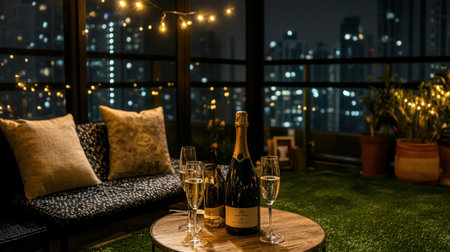 A cozy balcony setting illuminated by city lights, featuring champagne and glasses on a wooden table, perfect for an intimate celebration.の素材