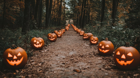 A captivating pathway lined with glowing jack-o'-lanterns sets a festive autumn scene in the forest, perfect for Halloween celebrations and seasonal festivities.の素材