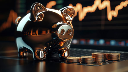 A shiny golden piggy bank beside stacked coins on a laptop keyboard, symbolizing finance and savings, perfect for investment and budgeting themes.の素材