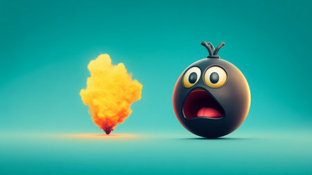 A cartoon-style black bomb exhibits surprise at a colorful explosion. The vibrant colors and playful expression create a fun and engaging scene.の素材